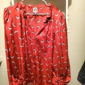 Anne Klein (XL) Printed Drawstring-Neck Blouse